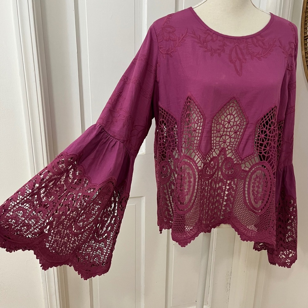 Chloe Oliver‎ Anthropologie Blouse XL Embroidered Boho Fairy Open Lace Festival